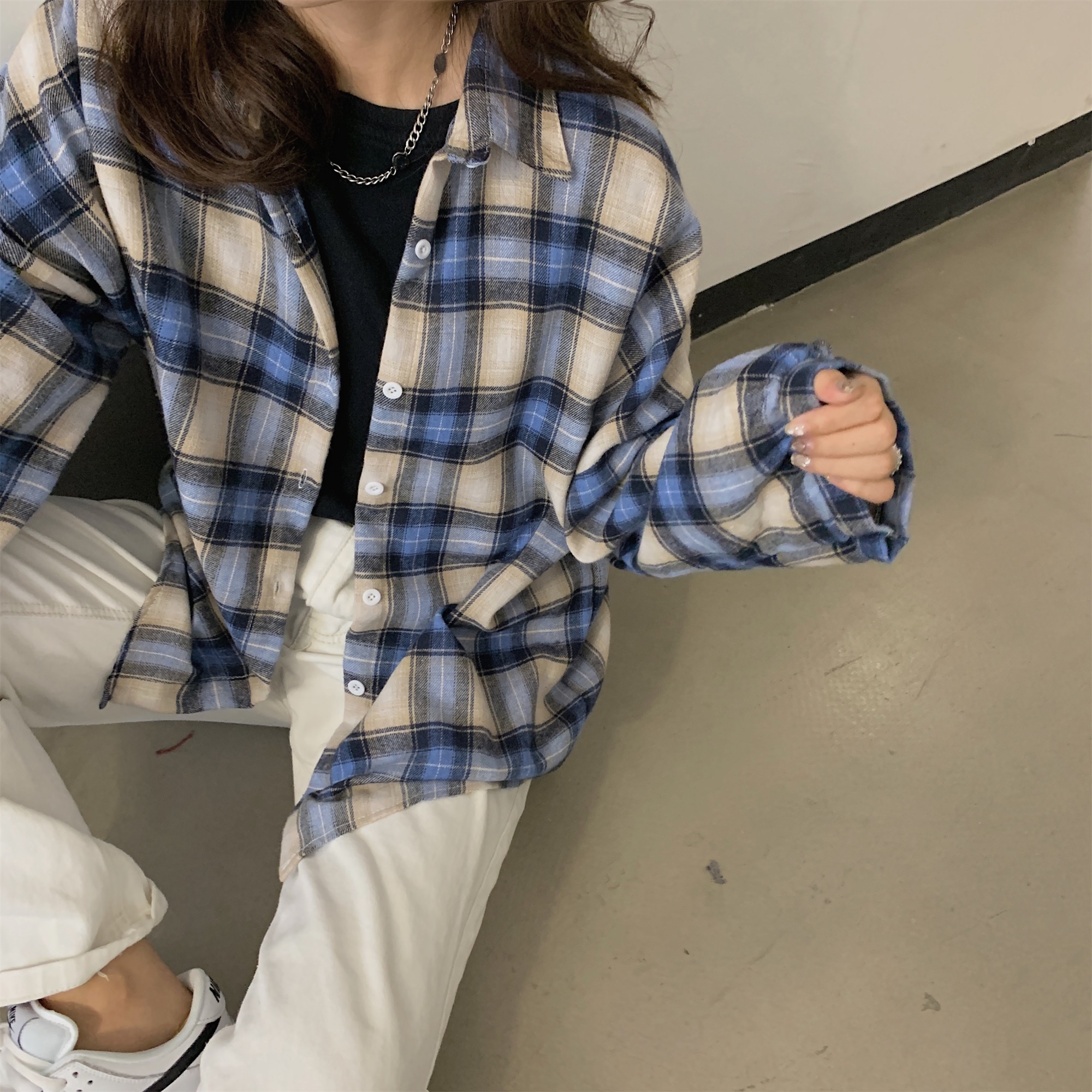 Real shot real price Korean version of versatile loose and thin contrast color plaid shirt jacket for women