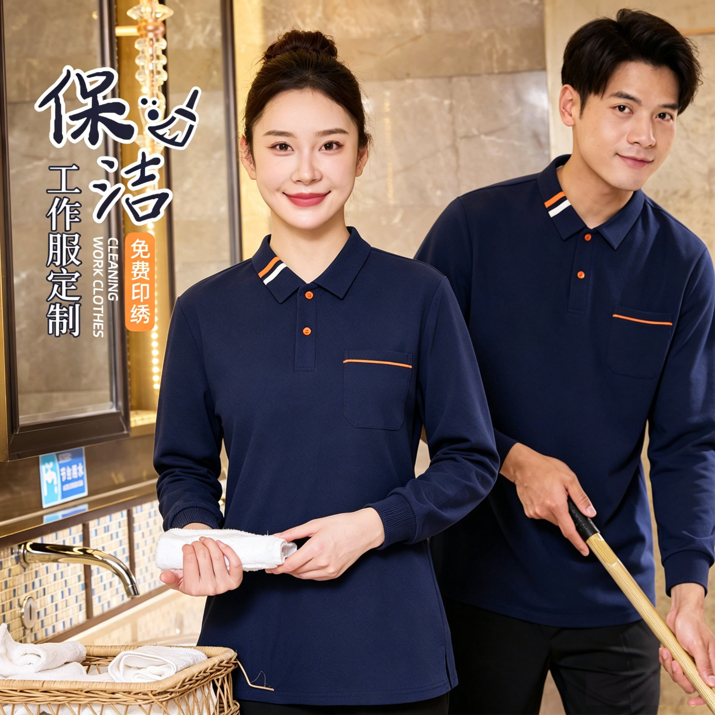 酒店宾馆客房养老医院保洁服长袖家政物业保洁工作服T恤印制LOGO