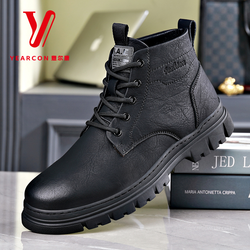意尔康黑武士高帮马丁靴男士冬季加绒棉鞋真皮内男鞋百搭短靴