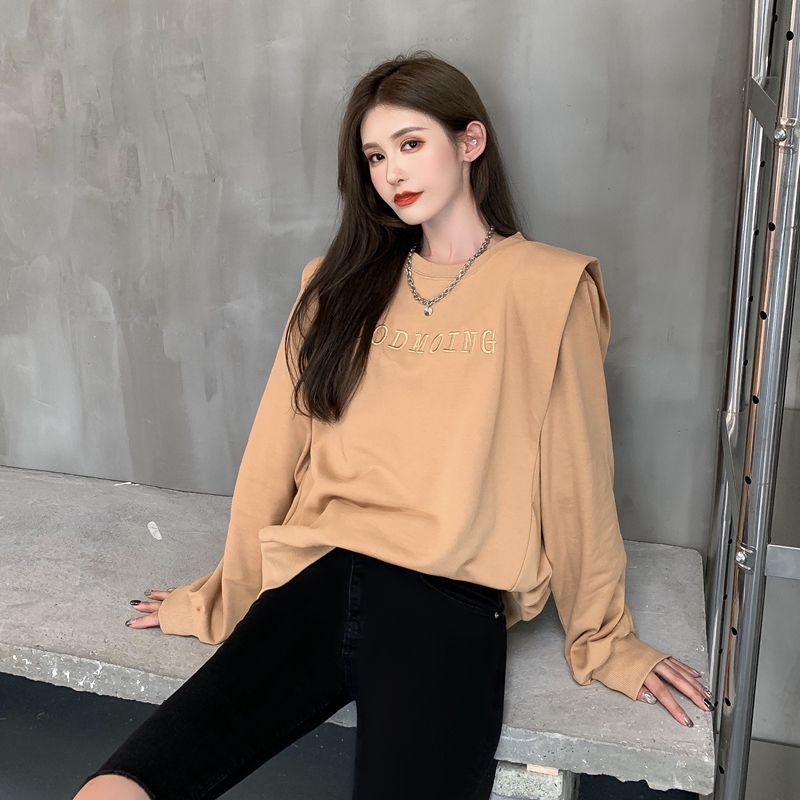Real Hong Kong style design embroidered letter pleated right angle shoulder BF loose Pullover long sleeve top