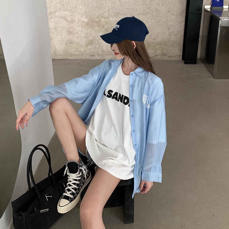 Hong Kong style letter printing loose short sleeve T-shirt + design sense blue long sleeve sunscreen shirt