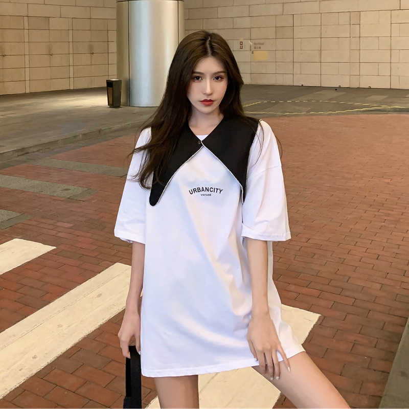 Photo Hong Kong letter print lazy loose Cape ice cotton short sleeve T-shirt flash drill two piece dress thin