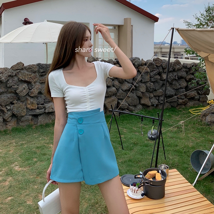 Real shooting summer new style Hong Kong style retro design high waist thin suit pants irregular wide leg pants skirt pants