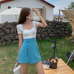 Real shooting summer new style Hong Kong style retro design high waist thin suit pants irregular wide leg pants skirt pants