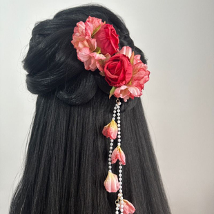焦边绣球玫瑰汉服仿真绢花发饰假花发簪流苏发夹古风花朵簪子头饰