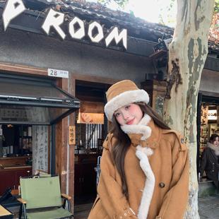 橙大小美丽同款冬季仿麂皮绒机车服皮毛一体外套大衣