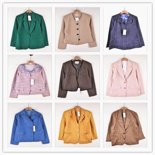 vintage古着秋冬女款欧美日系毛料格子学院风外套小西服西装NV15