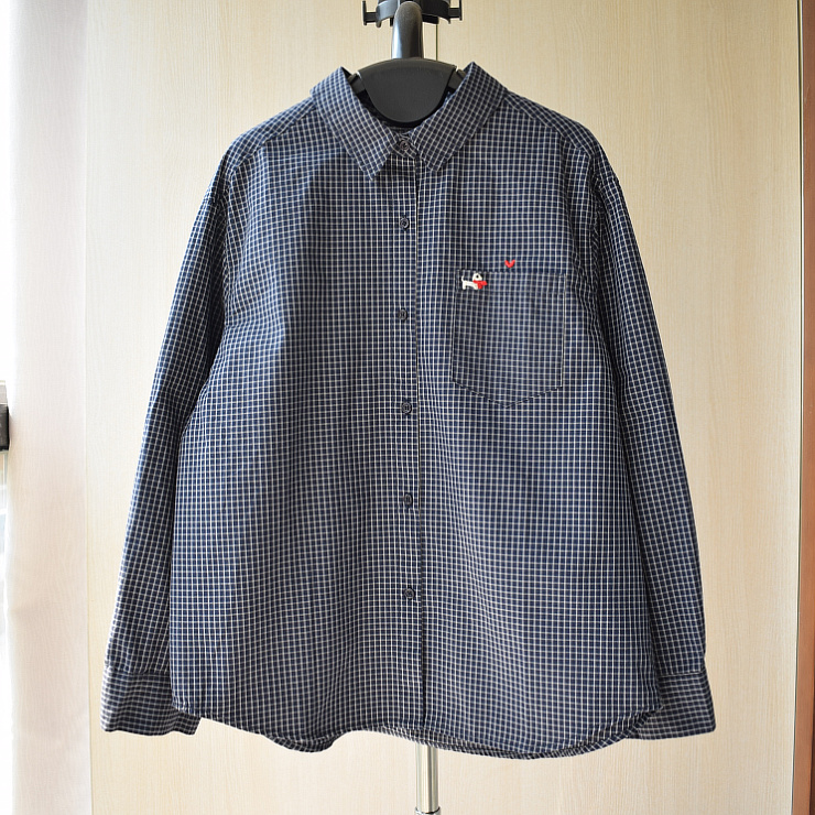 深蓝色细格子翻领纯棉长袖衬衫女2025春秋百搭口袋小刺绣打底衬衣