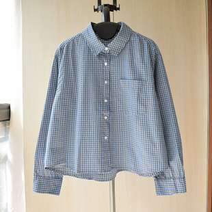 蓝色小格子短款翻领长袖衬衫女春秋百搭宽松蓝格小个子纯棉衬衣