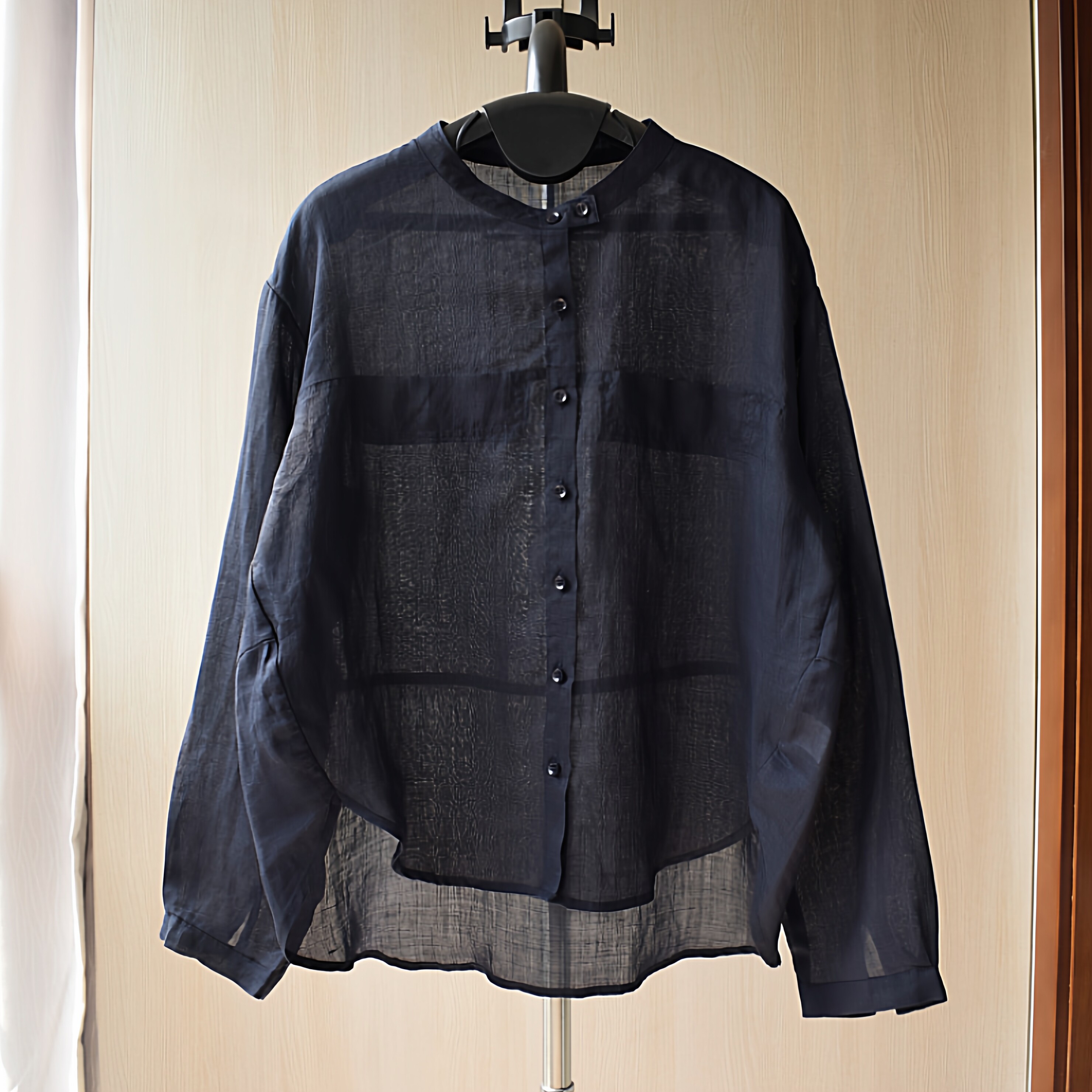 藏青色立领苎麻长袖衬衫女2026春夏新款上衣透气薄款棉麻文艺衬衣