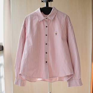 粉白色竖条纹小刺绣翻领长袖纯棉衬衫女高品质定制棉春秋百搭上衣