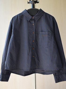 深蓝色前短后长宽松休闲短款格子衬衫女口袋刺绣纯棉春秋时尚衬衣