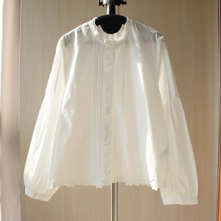 重工艺下摆镂空刺绣花边立领长袖纯棉白衬衫女灯笼袖叠穿品质衬衣
