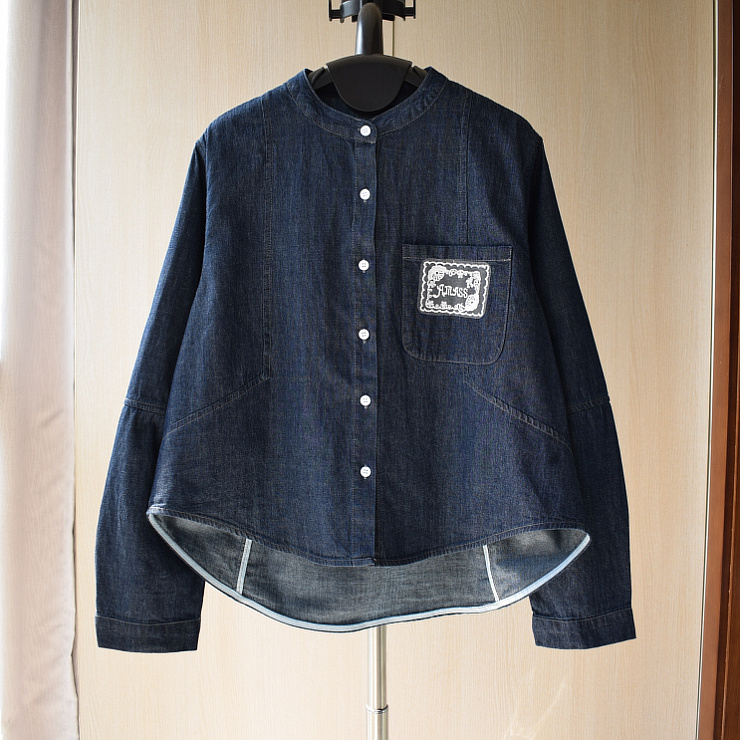 蕾丝口袋宽松立领长袖牛仔衬衣女