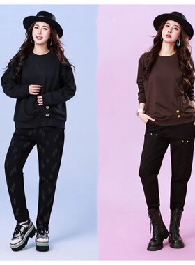 石头鱼大码女秋冬季休闲圆领卫衣