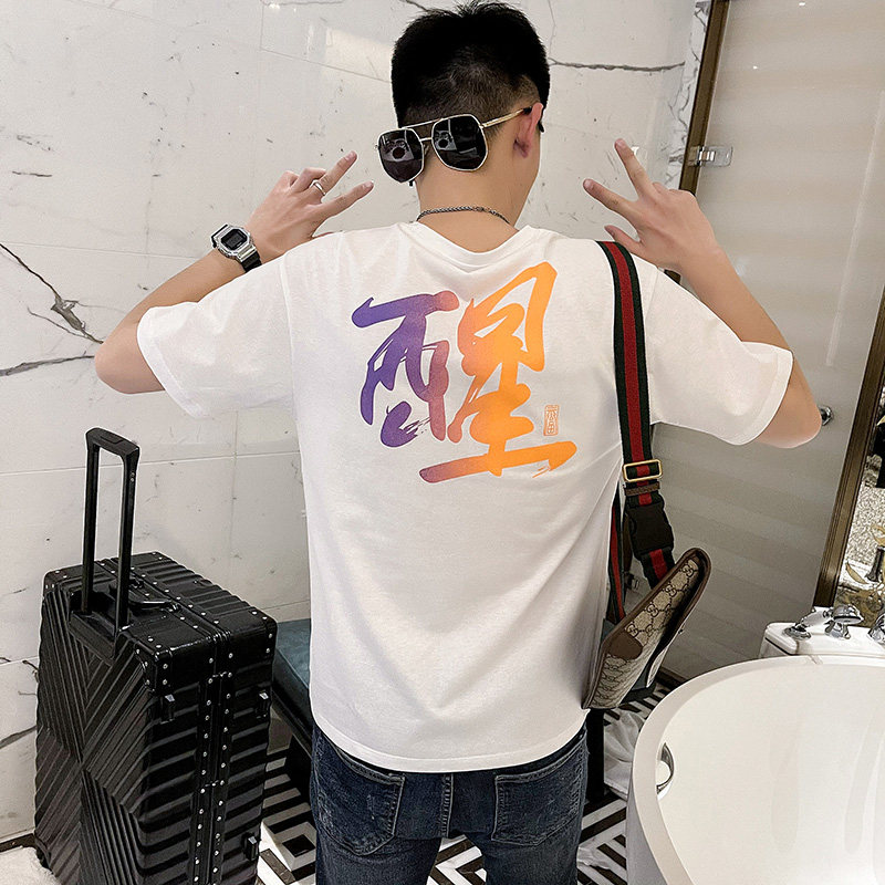 24新款社会小伙个性印花圆领男上衣社会人短袖T恤1 T515-P38控58图片