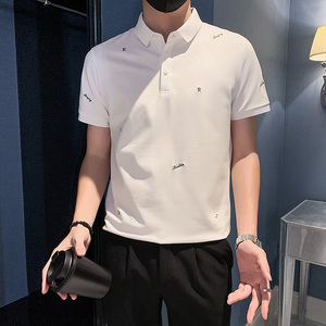 社会小伙字母刺绣polo衫男潮牌短袖抖音-1PL839-特P48控68,鹅黄色针织衫怎么搭配衣服图片