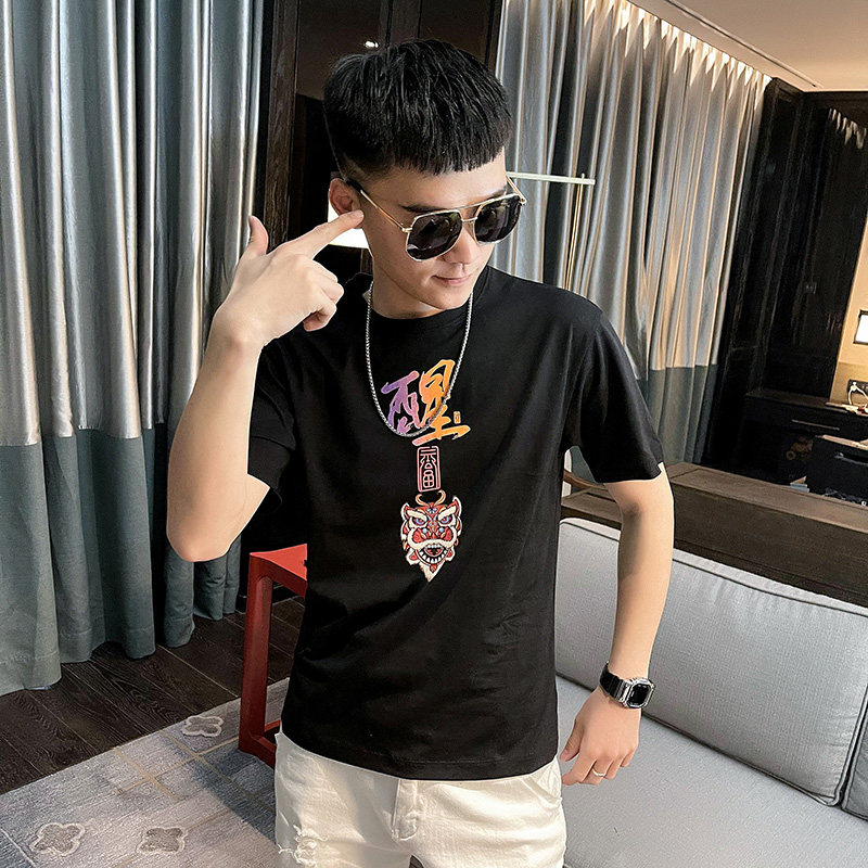 24新款社会小伙个性印花圆领男上衣社会人短袖T恤3T515-P38控58,男装T恤,电商A400-1（原B352）