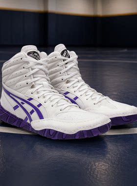 海外代购Asics/亚瑟士男女拳击鞋防滑包裹性高帮白紫配色擂台