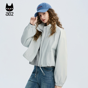 a02宽松立领韩系短款外套女款春季2026轻薄透气微皱面料休闲春装