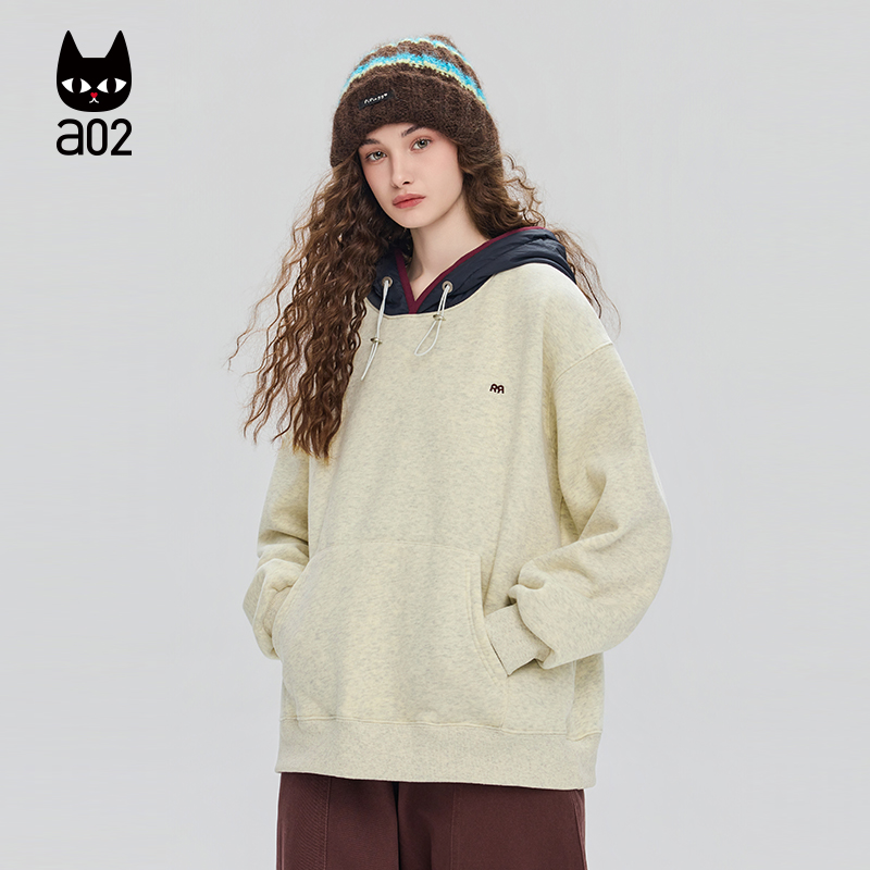 a02黑猫系列宽松撞色加绒加厚保暖连帽卫衣女2025新款冬季上衣
