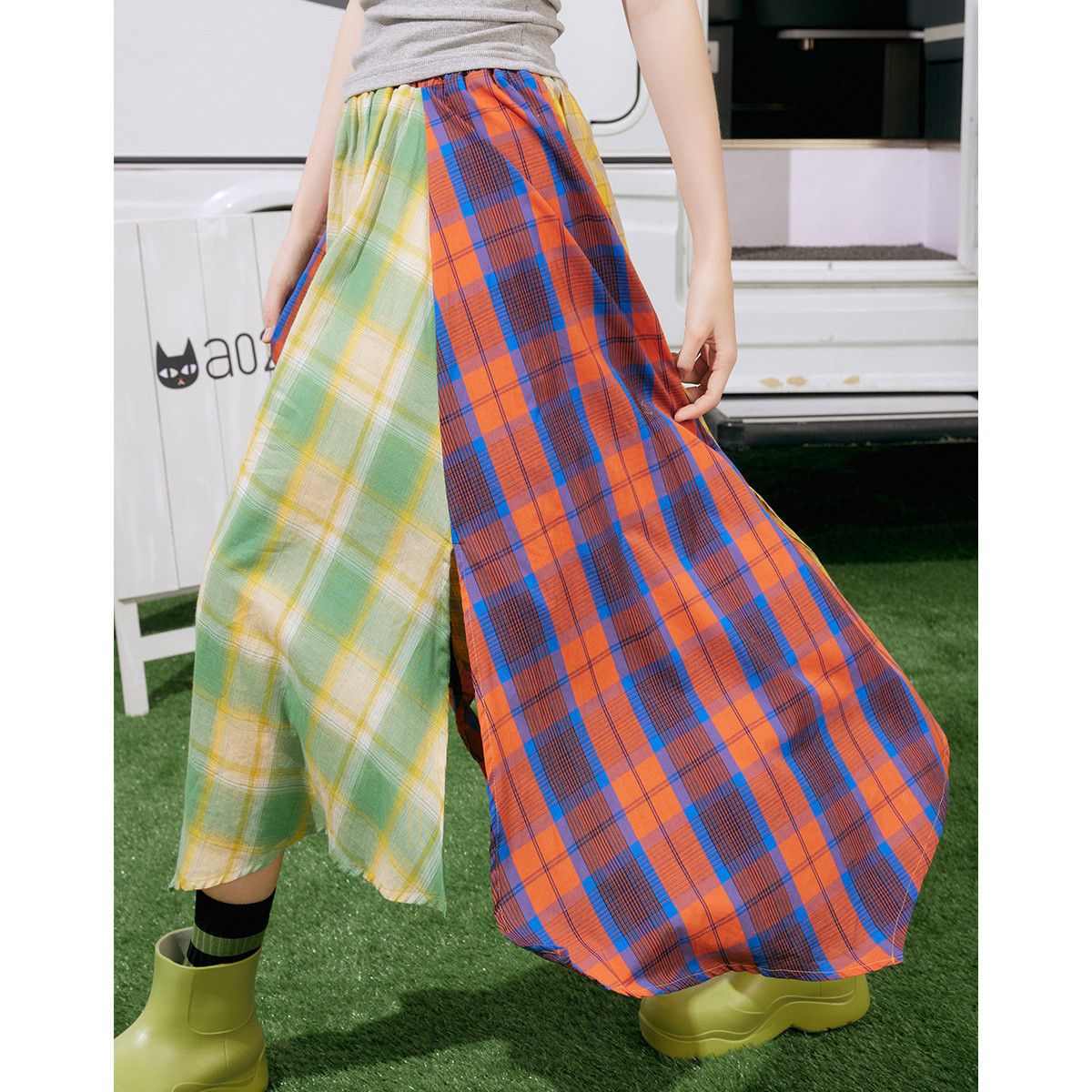 a02设计师款不规则下摆拼接格子半身裙夏季个性半截裙