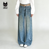 女2026新款 春季 高腰阔腿裤 a02宽松蓝色直筒牛仔裤 显瘦通勤长裤