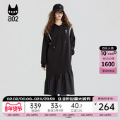 a02黑猫系列黑色宽松连衣裙女2025新款 春秋设计感拼接长裙子秋装