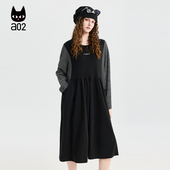 圆领中长款 a02宽松假两件条纹拼接T恤连衣裙女2026新款 春季 裙子