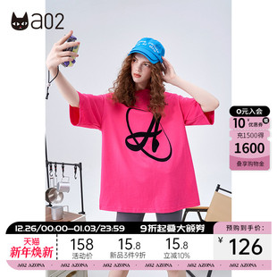 半袖 a02潮牌印花玫红色短袖 宽松韩版 新款 T恤男女夏季
