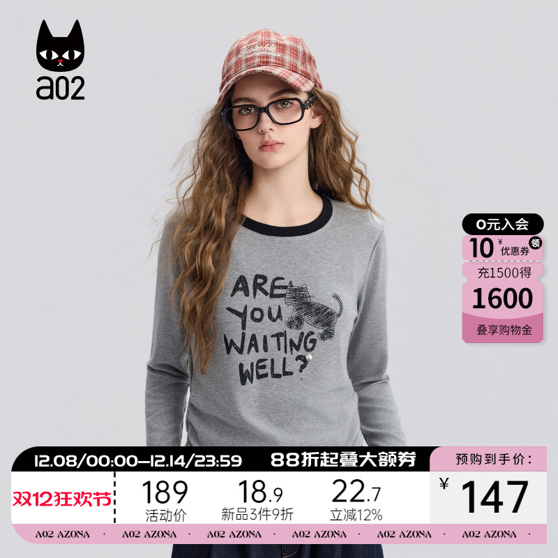 a02黑猫系列宽松短款白色圆领长袖T恤女2025新款秋季打底衫上衣