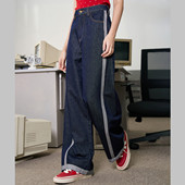 a02高腰拼色百搭时尚 牛仔裤 街头风显瘦阔腿裤 2025春秋休闲女式