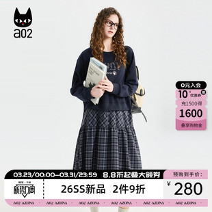a02黑猫系列宽松圆领假两件连衣裙女2026新款 卫衣格纹裙子 春季