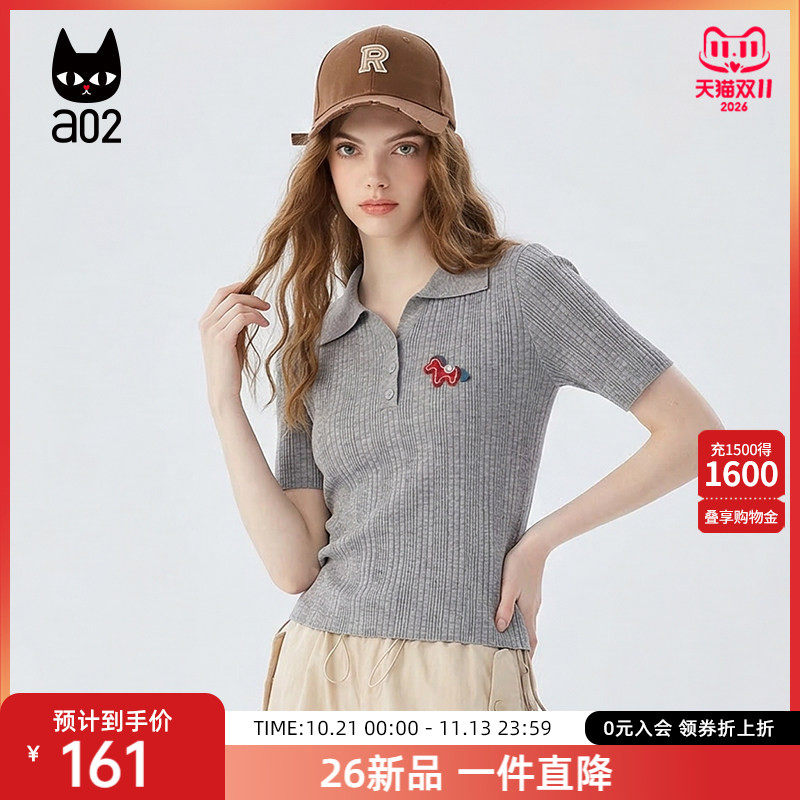 a02法式小马刺绣复古POLO领正肩短袖针织衫女2026夏季新款百搭T恤