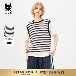 a02【ET自然系列】假两件条纹宽松短袖T恤女2025新款夏季轻薄上衣