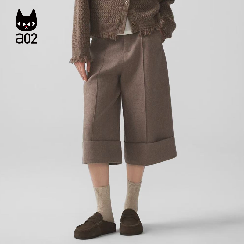 a02【ML麦麸系列】宽松绵羊毛七分裤子女2025新款冬季直筒毛呢裤
