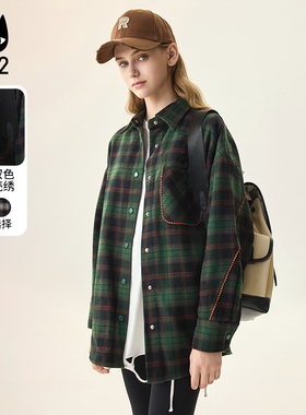 a02【ET自然】秋季慵懒风灰色方格休闲宽松版通勤风毛呢格纹衬衫