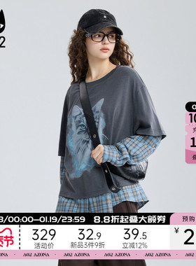 a02黑猫系列格子拼接假两件宽松圆领长袖T恤女2025新款秋季打底衫