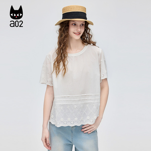 新款 a02法式 女2026夏季 衬衫 纯棉甜美洋气衬衣 蕾丝花边下摆短袖