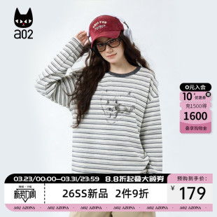 a02黑猫系列宽松圆领条纹长袖T恤女款2026新款春秋打底衫内搭上衣