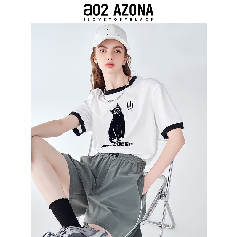 a02时尚宽松猫咪印花短袖T恤