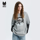 a02黑猫系列假两件宽松波点圆领长袖 上衣 打底衫 T恤女2026新款 春季