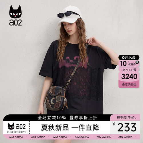 a02个性设计感字母拼接蕾丝短袖T恤女2026夏季新款宽松黑色上衣潮