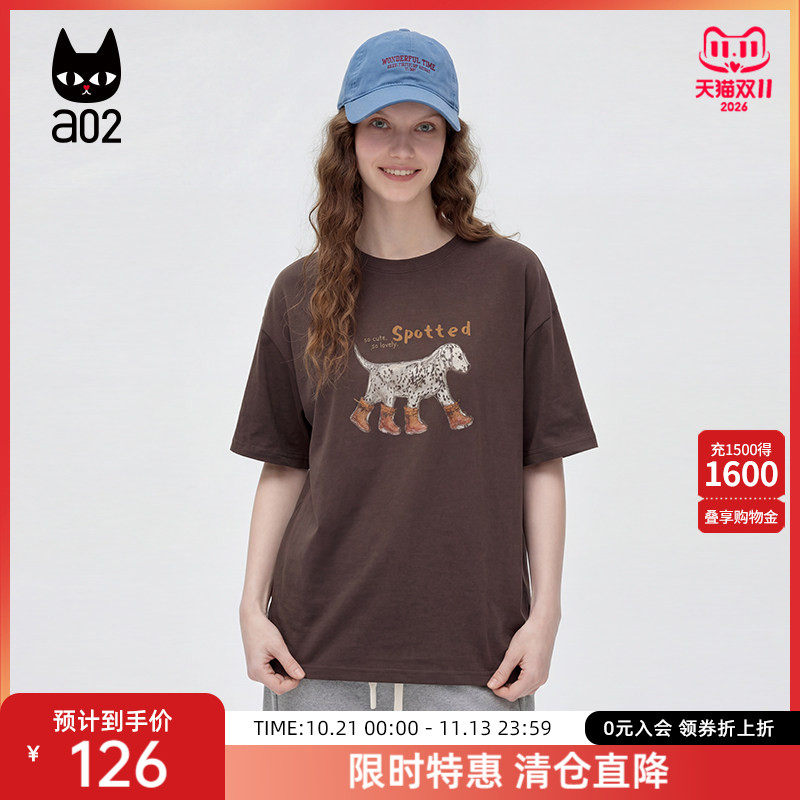 a02宽松狗狗印花圆领短袖T恤女款2026新款夏季上衣半袖薄款透气