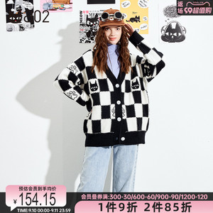 a02甜美风宽松V领棋盘格针织毛衣女新款时尚百搭开衫上衣外套