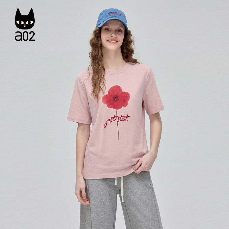 a02复古花朵印花立体钉珠圆领莱赛尔短袖T恤女夏季新款宽松休闲
