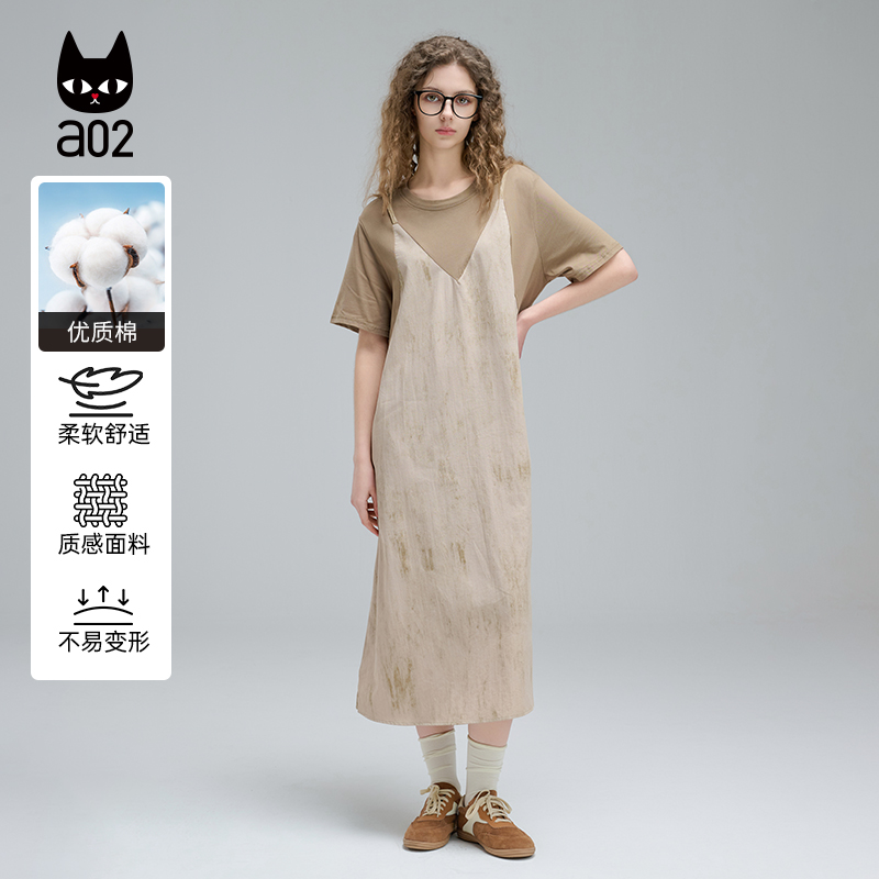 a02假两件短袖T恤裙子设计感宽松连衣裙女2025夏季新款裙子