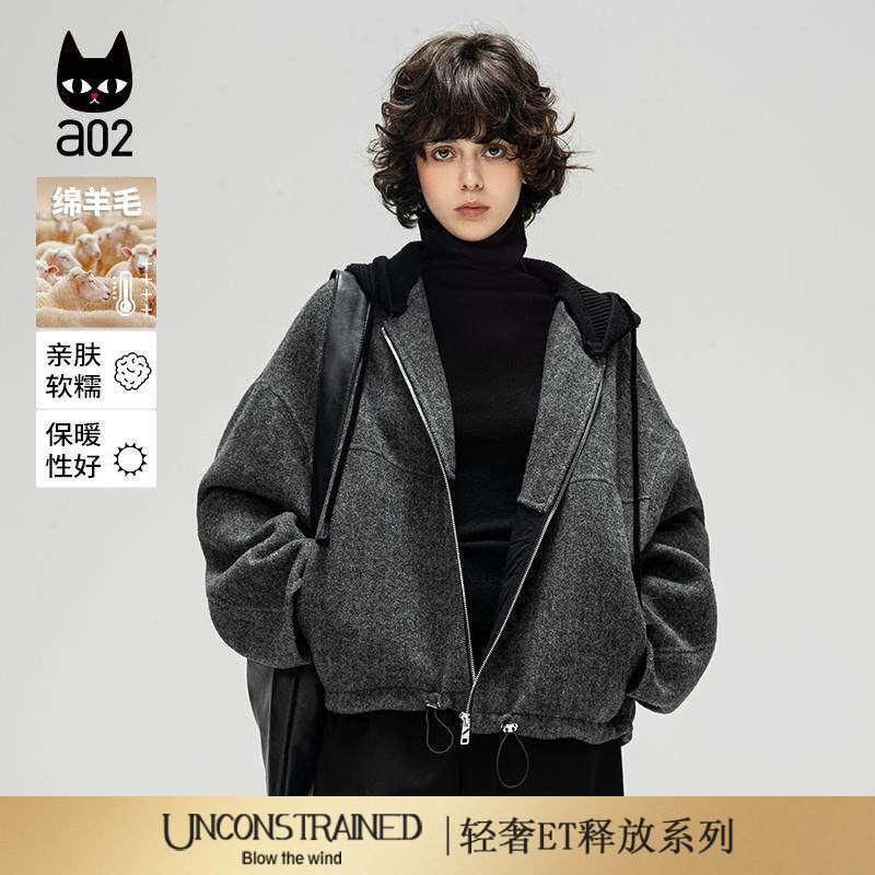 a02【ET自然系列】春秋慵懒风绵羊毛深灰色休闲连帽短款毛呢外套