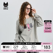 上衣 绣花透气春装 a02黑猫系列宽松灰色圆领卫衣女2026新款 春季