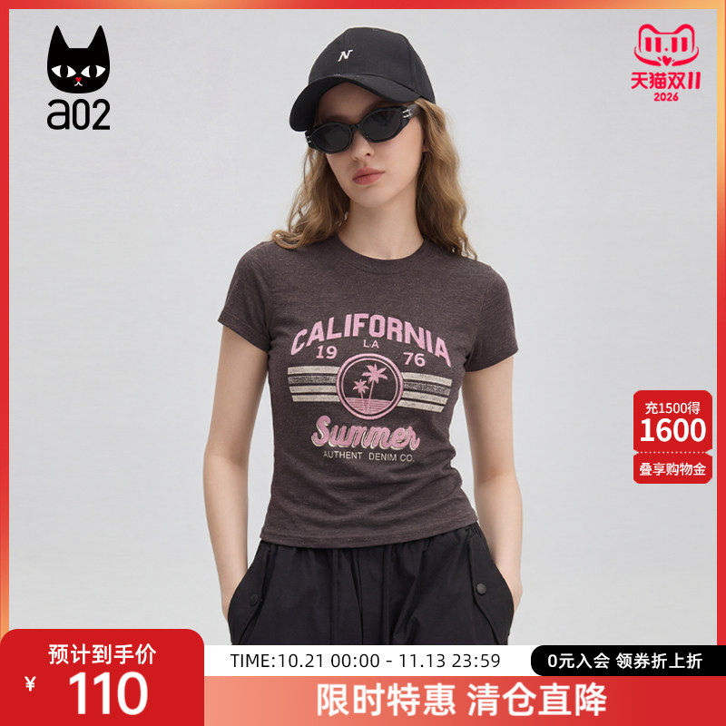 a02韩版宽松显瘦圆领T恤女复古卡通印花2026夏季新款港风上衣